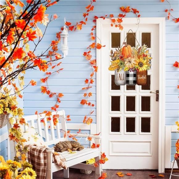 Fall Wooden Hanging Sign Autumn Floral Pumpkin Welcome Door Sign - Picture 2 of 7